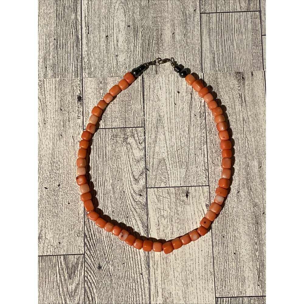 Salmon Bamboo Coral Cube Sterling Silver Closure 18" Bead Necklace Boho